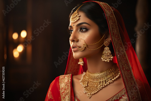 A young female of Indian ethnicity wearing traditional bridal costumes and jewellery.