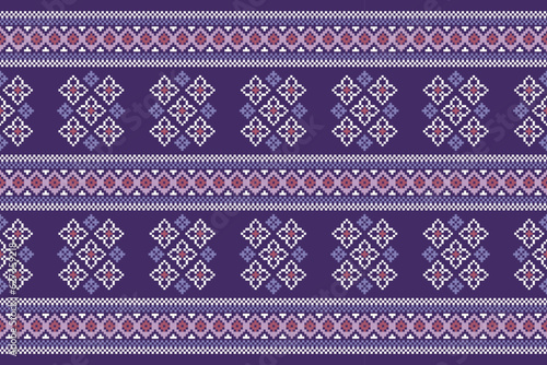 Ethnic geometric fabric pattern Cross Stitch.Ikat embroidery Ethnic oriental Pixel pattern purple violet background. Abstract,vector,illustration. Texture,clothing,frame,motifs,silk wallpaper.