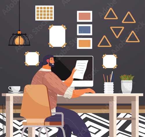 Home office. Interior vector illustration. Work from home. Workspace in living room Modern and contemporary designs Office welcoming reception area for clients Interior designer incorporated natural