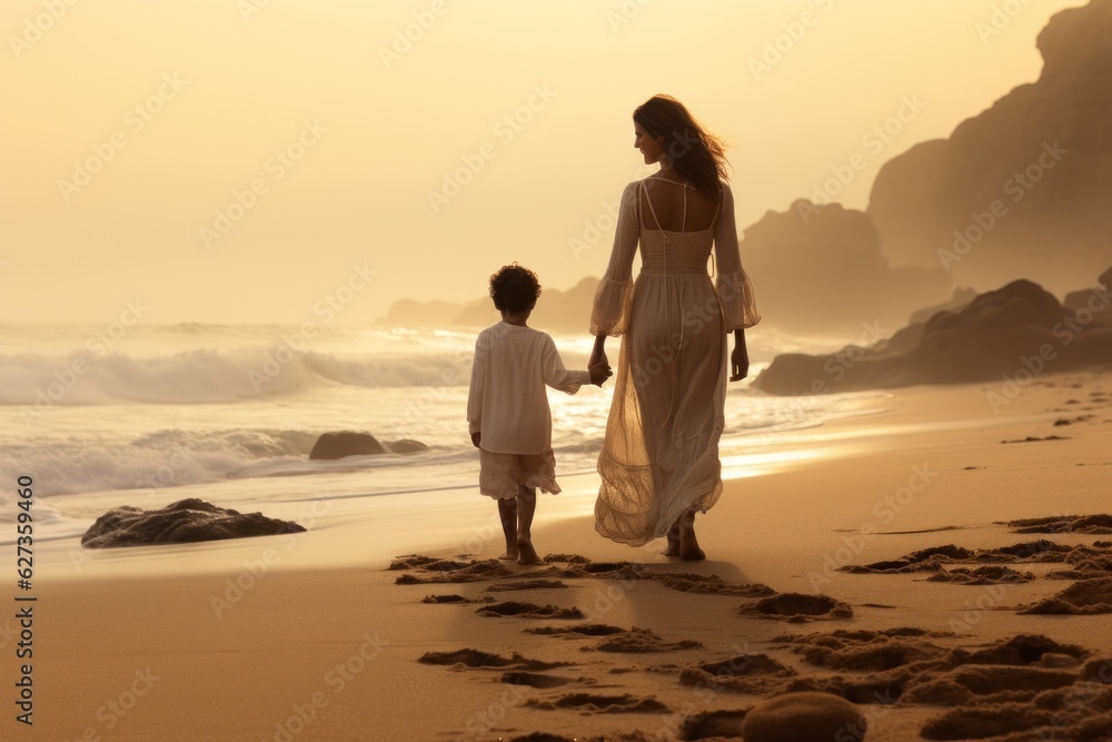 Happy family walking at the beach at sunset Happy family walking at the beach at sunset
