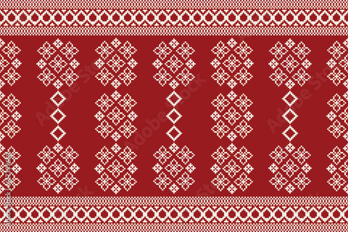 Ethnic geometric fabric pattern Cross Stitch.Ikat embroidery Ethnic oriental Pixel pattern red background. Abstract,vector,illustration. Texture,clothing,frame,decoration,motifs,silk wallpaper.