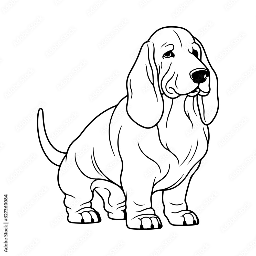 Basset hound, hand drawn cartoon character, dog icon. Basset hound, hand drawn cartoon character, dog icon.