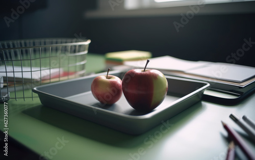 Pencil tray and apple on notebooks on the school teacher's desk. AI, Generative AI