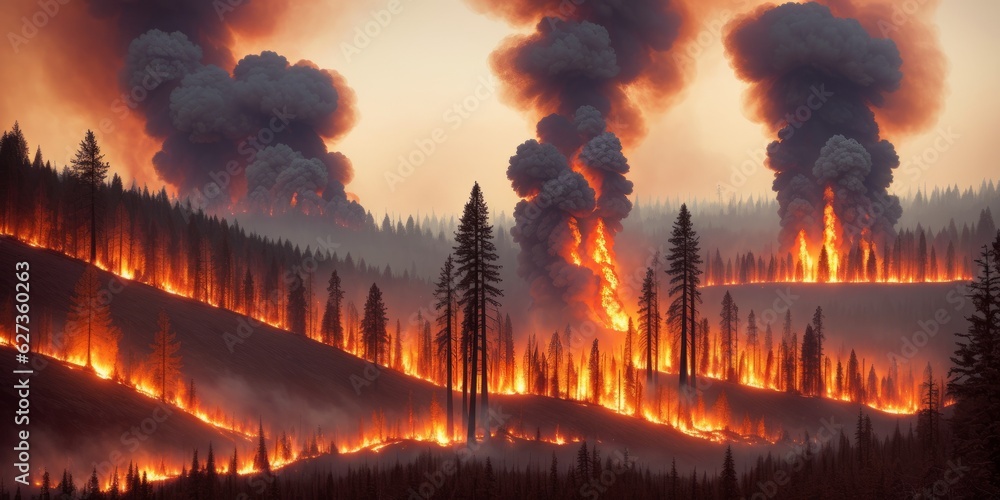 Forest fire and clouds of dark smoke in pine stands. Flame is starting to damage the trunk. Whole area covered by flame. Distorted details due high temperature and evaporation gases. Generative AI