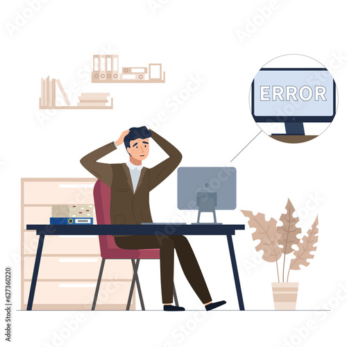 Lost wireless connection or disconnected cable, error, upset man sits in office near computer, cant work. No wifi signal, page not found on display screen. Disconnecting Internet for non-payment