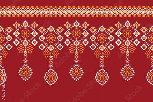 Ethnic geometric fabric pattern Cross Stitch.Ikat embroidery Ethnic oriental Pixel pattern red background. Abstract,vector,illustration. Texture,clothing,frame,decoration,motifs,silk wallpaper.