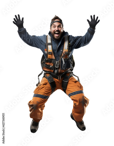 Mechanic worker jumping with joy because of salary increase on transparent background PNG. Minimum wage increase concept.