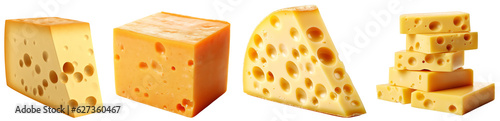 Hard, yellow cheese. Different pieces of yellow cheese with holes. Square/triangular piece of cheese. Isolated on a transparent background. KI.