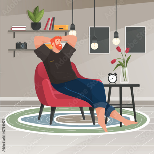 Relaxed guy sitting and chilling on armchair. Person is resting at home, leisure on weekend. Pensive man sitting with his hands behind head Freelancer relaxing after work thinking about something good