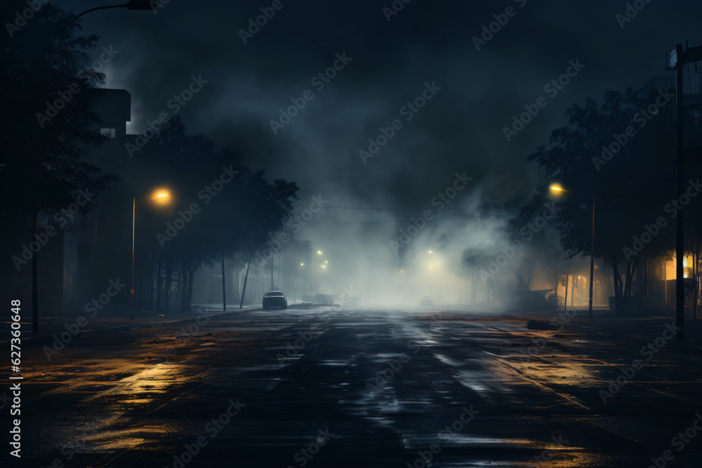 Abstract light amidst the dark, smoky streets. Ideal for photographers, urban explorers, and creatives seeking atmospheric scenes. Generative AI