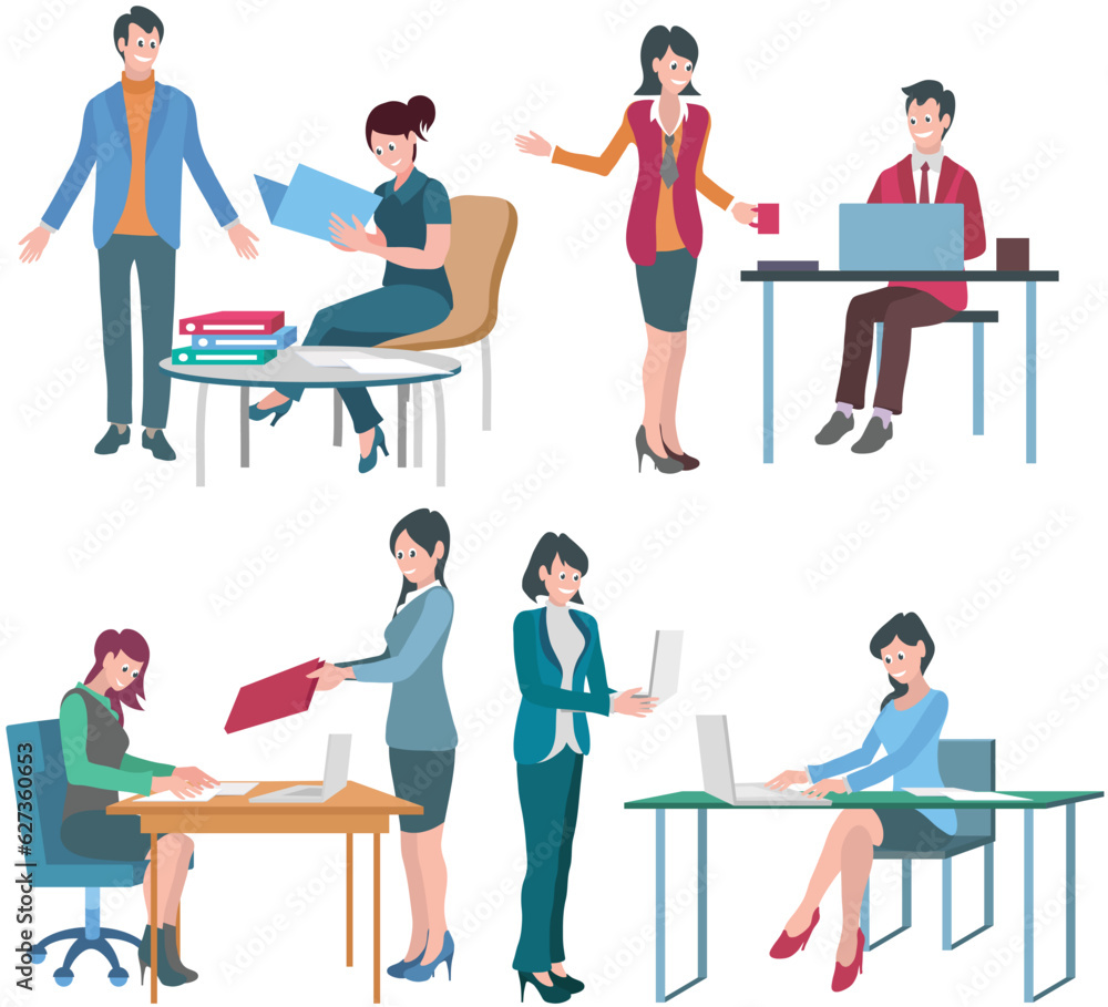 Office workers. Vector illustration. A worker employee takes pride in their work and strives for excellence An office manager implements strategies to optimize workflow efficiency A business person