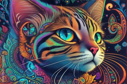 Psychedelic Cat DMT Art Style.Created with generative AI