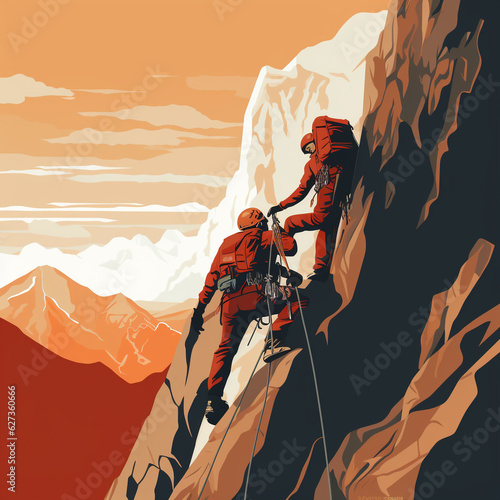 Illustration of a mountain climber climbing a mountain. He is on an extreme journey to the top. Using tools to climb mountains. © Aisyaqilumar