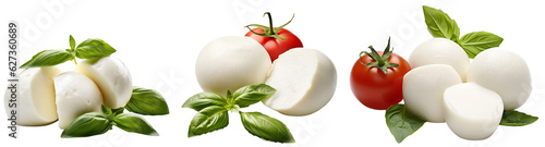 Mozzarella with red tomatoes and basil. Cheese set, mozzarella collection. Isolated on a transparent background. KI.