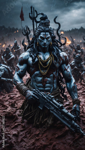 "On a battlefield soaked with blood, Lord Shiva stands tall, A celestial machine gun in hand, divine power enthralls all."