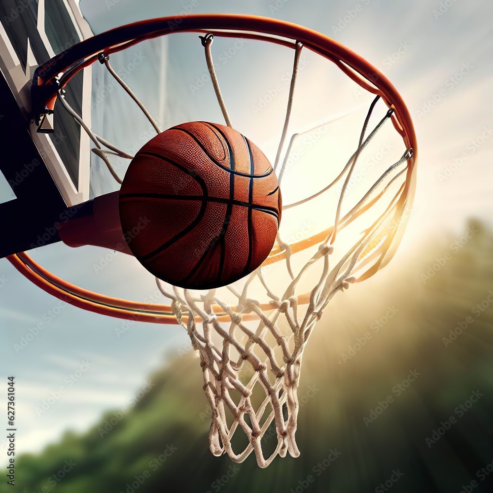 Action shot of basketball falls through basketball hoop and net on nature background
