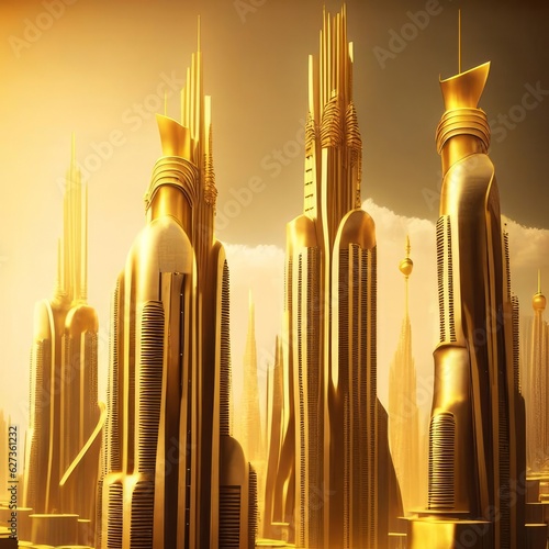 Golden skyscrapers in golden city, AI gennerated photo