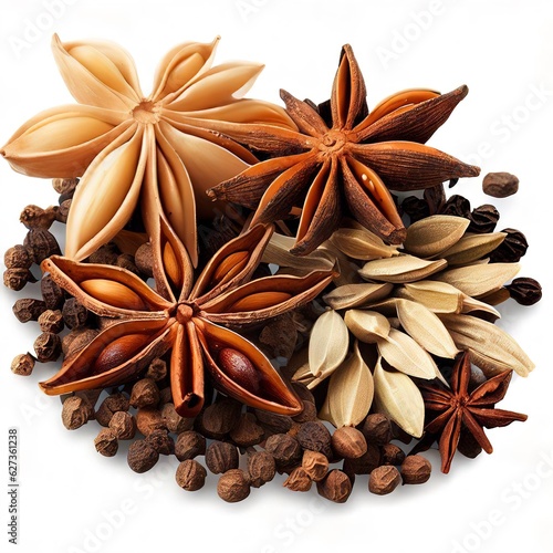 anise ingredients close up isolated on white background,  file includes a excellent clipping path