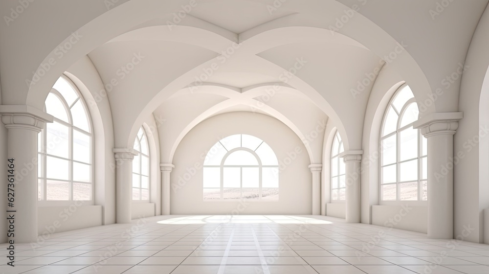 Conceptual interior in an empty room with an arched ceiling. Generative ai