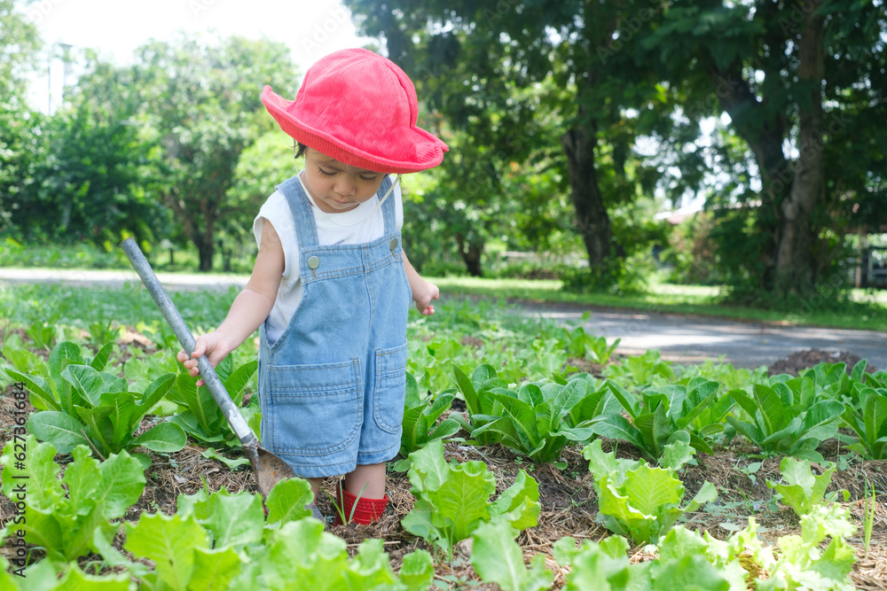 Adorable little girl holding garden shovel and standing in farm. Cute child learn gardening, planting and cultivating vegetables in domestic garden. Ecology, organic food.