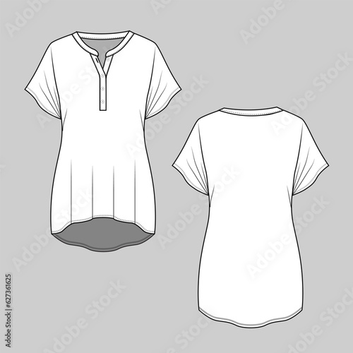 Women Henley Tunic Top Tee Comfy loose fit Dip Hem Short Sleeve Fashion Flat Sketch Technical Drawing Template Vector Design