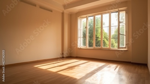 Empty beige room with a corner sunlight window. Generative ai