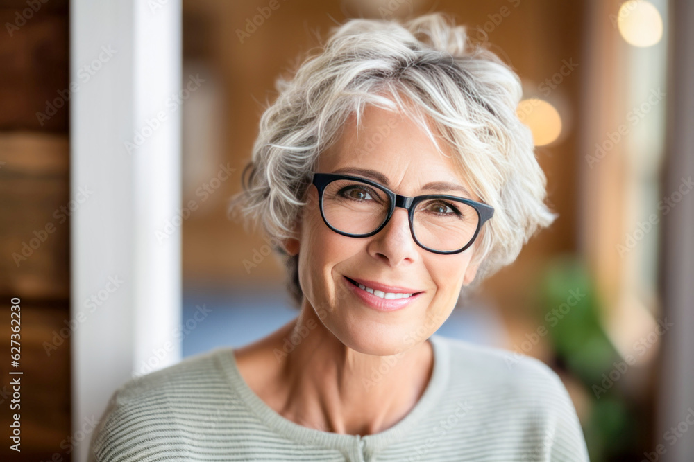 Close up portrait of a mature woman in her 50s with black glasses. Close up portrait of a mature woman in her 50s with black glasses.