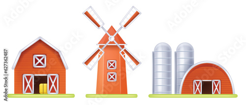 3D farm barn icon, vector mill house front view, red silo cartoon agriculture building exterior. Rural wooden stable construction, ranch village barnyard granary storage tower clipart. Farm barn door