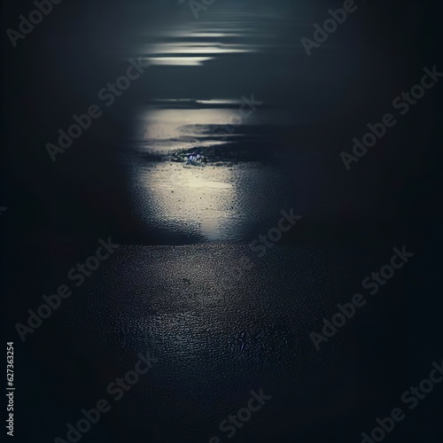 Empty background scene. Dark street reflection on wet asphalt.