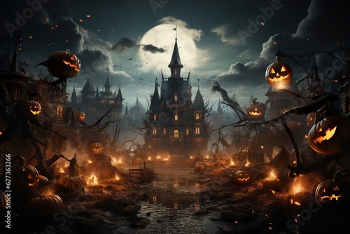 Halloween poster  with pumpkins and lit lanterns  in the style of dark and gritty cityscapes  19th century  fantastical street  AI illustration  digital  virtual  generative