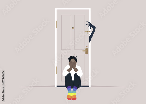 Homophobia, a young character in rainbow socks scared of a monster hand trying to open the door