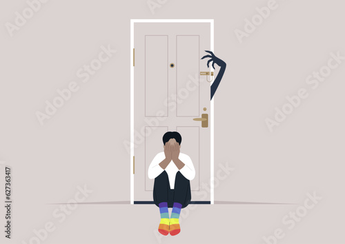 Homophobia, a young character in rainbow socks scared of a monster hand trying to open the door