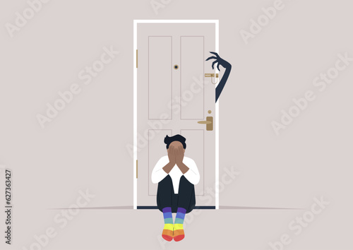 Homophobia, a young character in rainbow socks scared of a monster hand trying to open the door