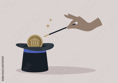A hand doing a trick with a magic wand, a cylinder hat, and a disappearing coin