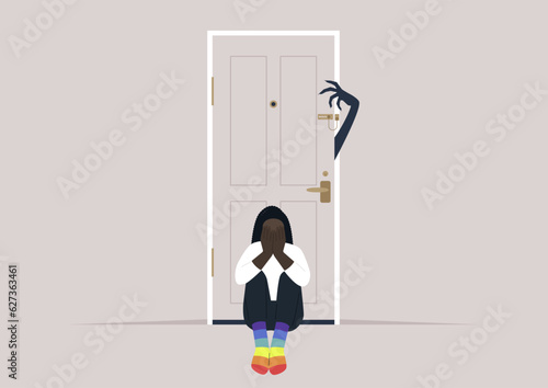 Homophobia, a young character in rainbow socks scared of a monster hand trying to open the door