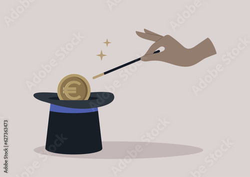 A hand doing a trick with a magic wand, a cylinder hat, and a disappearing euro coin