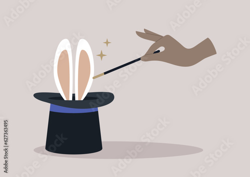 A hand doing a magic trick with a wand, a hat, and a pair of rabbit ears inside