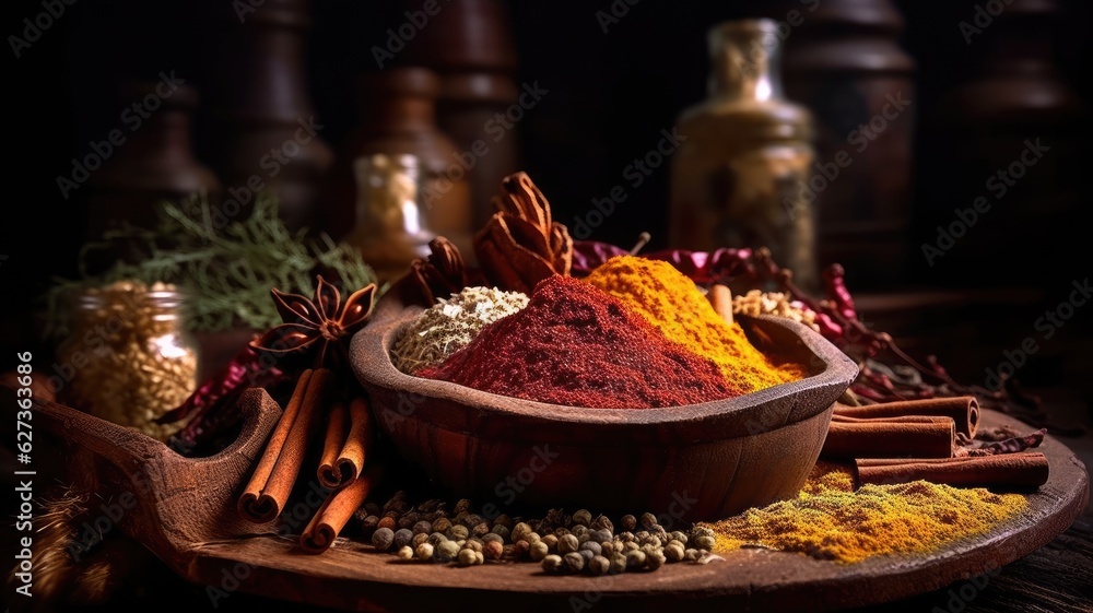 Spices and herbs banner background. Variety of spices. Generative AI Spices and herbs banner background. Variety of spices. Generative AI