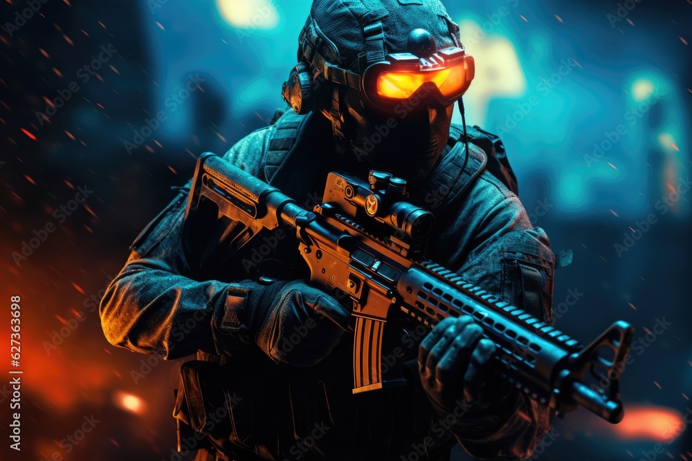 Soldier with full combat gear in night mission. Generative AI Soldier with full combat gear in night mission. Generative AI