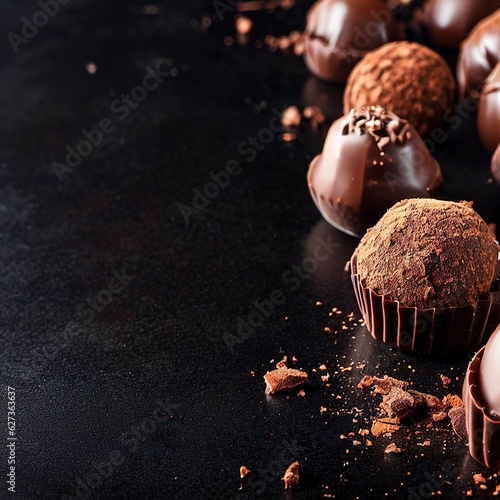 Homemade Chocolate Truffles On Black Background. Copy Space