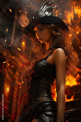really sexy witch ,Halloween poster, Poster for Halloween night ,witching woman spooky black in flames, in the style of hyper realistic fantasy,  AI illustration, digital, virtual, generative