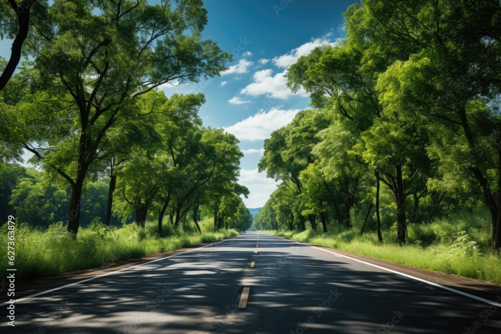 Obraz premium View of road through green forest. Generative AI