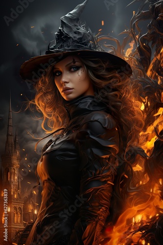 really sexy witch ,Halloween poster, Poster for Halloween night ,witching woman spooky black in flames, in the style of hyper realistic fantasy,  AI illustration, digital, virtual, generative © 9george