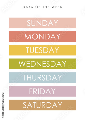 Days of the Week illustration, educational material, kids vector, kindergarten illustration, classroom poster, educational wall art, preschool design, shapes vector