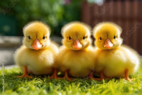 Cute fluffy duckling on green grass outdoors. Generative AI