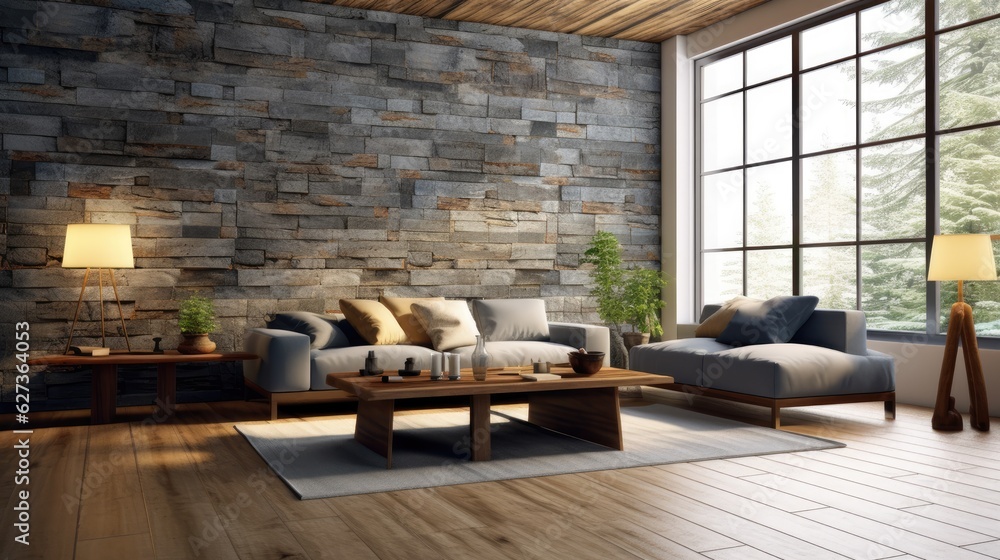 Grey stone wall interior room with a wooden coffee table and a sofa. Generative ai