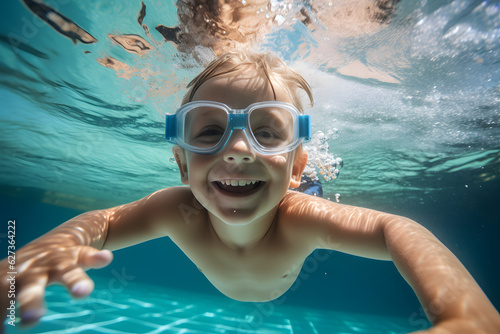 Happy kid swimming underwater and having fun. Happy childhood and summer vacation