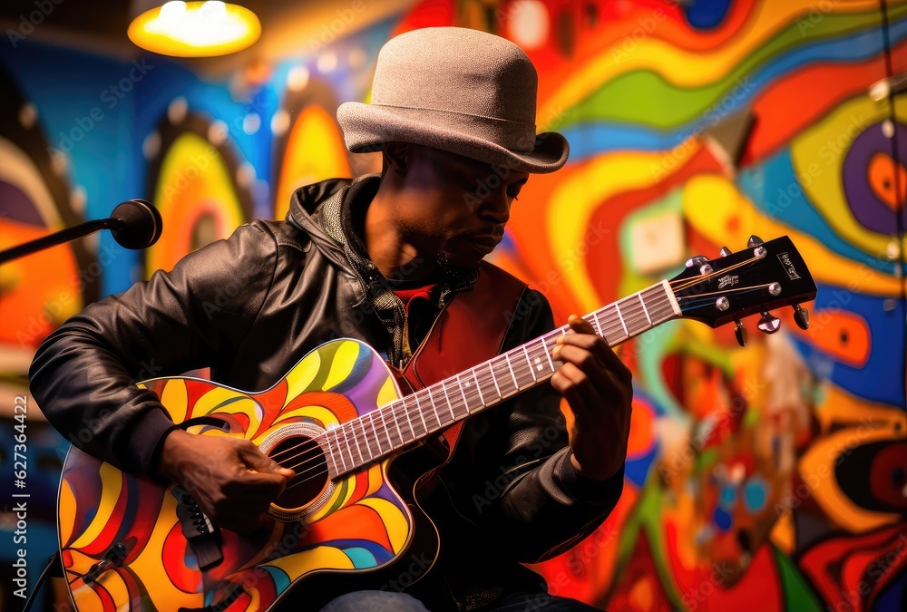 Obraz premium a musician with a guitar plays at an external event, generative artificial intelligence