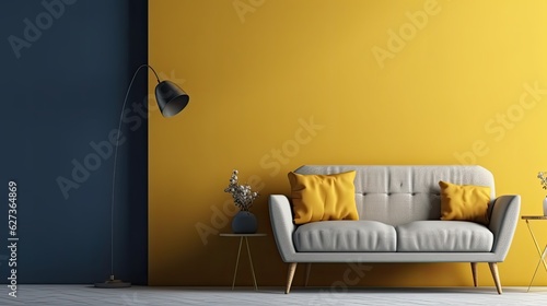 A room with a beautiful armchair and a side lamp on a yellow background. Generative ai