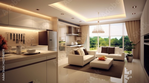Modern luxurious open-plan kitchen and living room area. Generative ai © Sechaba